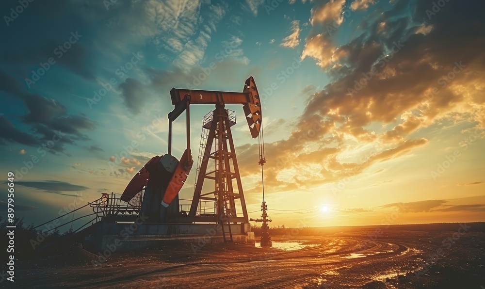 Oil pumpjack working in an open field extracting crude oil under a dramatic sunset sky, highlighting the fossil fuel industry and energy production.. Oil pumpjack working in an open field extracting crude oil under a dramatic sunset sky, highlighting the fossil fuel industry and energy production..