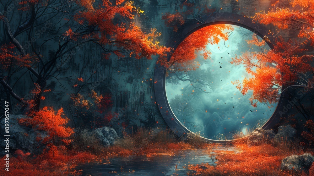 Fototapeta premium Haunting Autumn Mirror Reflection in Stained Glass Fantasy Landscape