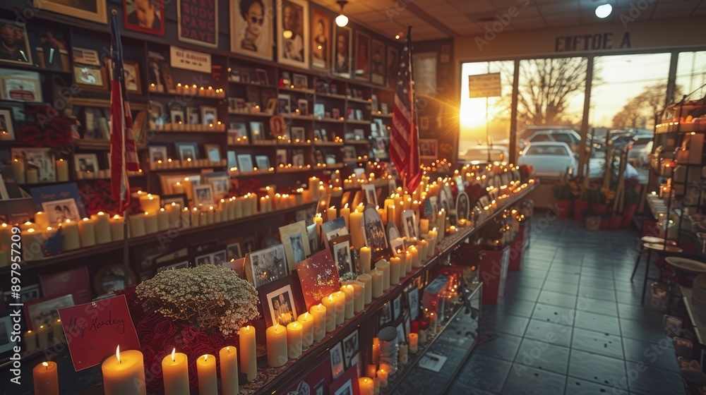 Obraz premium Patriot Day Tribute Display in Community Center Honoring Remembrance