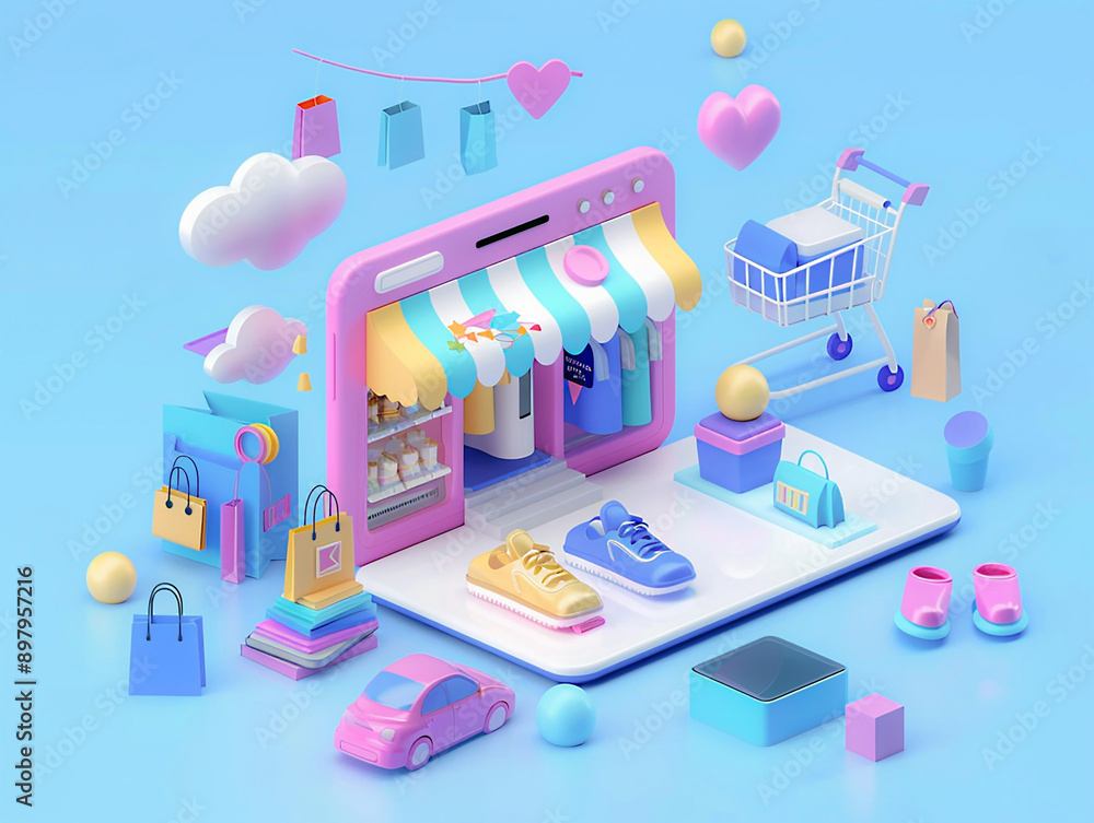 Digital app and online retail business multichannel marketing, 3D isometric rendering, Digital app and online retail business multichannel marketing, 3D isometric rendering,