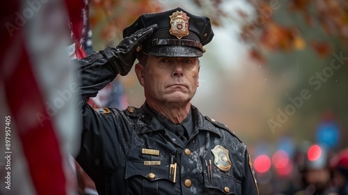 Police Officer Saluting at Patriot Day Ceremony with American Flag and Crowd