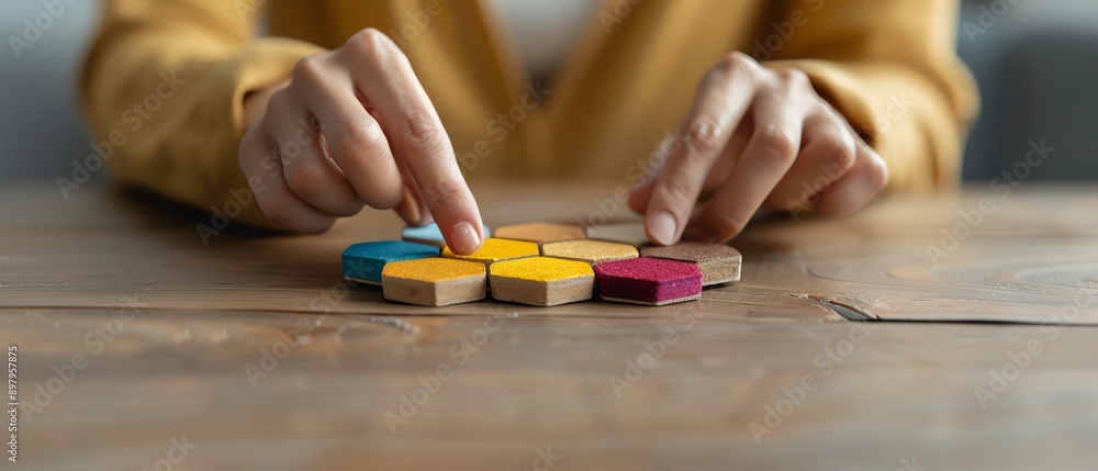 Woman arranging colorful hexagon wooden blocks in a unique pattern on a wooden table, showcasing creativity and abstract thinking. Woman arranging colorful hexagon wooden blocks in a unique pattern on a wooden table, showcasing creativity and abstract thinking.