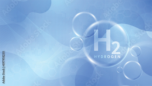 Hydrogen H2 production. renewable energy source. renewable Eco energy. hydrogen energy powered by renewable electricity with water molecule in transparent style. vector design.