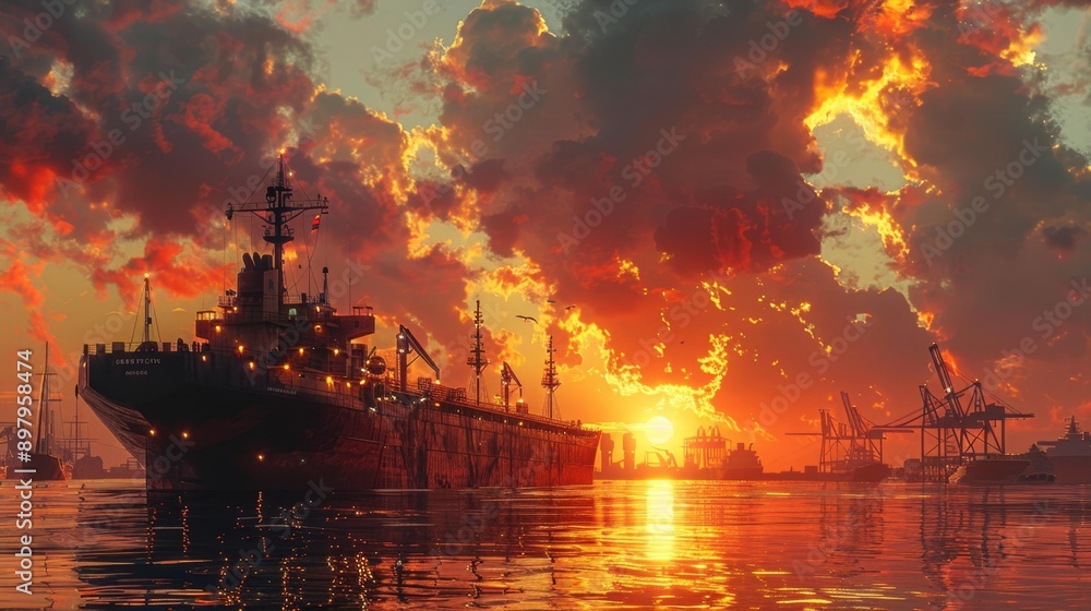 Sunset over a busy harbor - generative ai Sunset over a busy harbor - generative ai