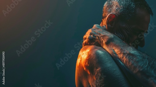 Back pain, stress and black man with neck injury, muscle tension and accident on white studio background.