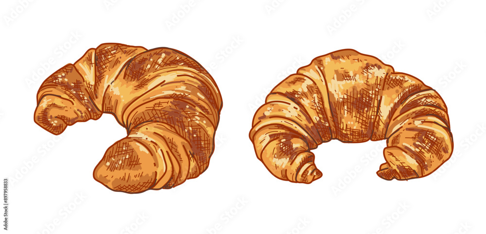 Croissant in Hand-drawn style set , Bakery sketch. Drawing of food elements. fresh baked bread , badge bakery for design menu cafe, label and packaging Vector illustration Croissant in Hand-drawn style set , Bakery sketch. Drawing of food elements. fresh baked bread , badge bakery for design menu cafe, label and packaging Vector illustration