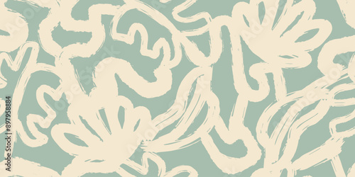 Exotic tribal seamless pattern with hand drawn brush strokes and flowers. Gouache painting background with scribble stripes
