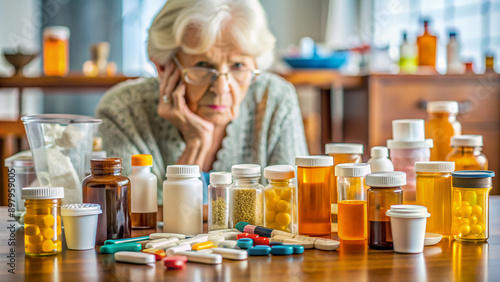 A cluttered table with various medications, pill bottles, and prescription labels, highlighting the complexities of healthcare and drug management for the elderly population.
