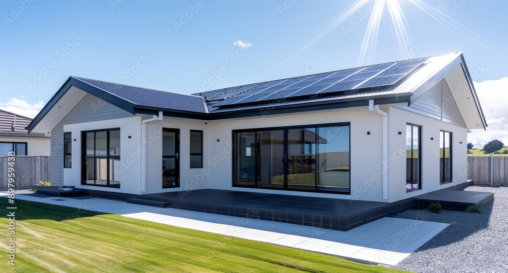 Contemporary Home with Solar Panels on Roof, Highlighting Renewable Energy Solutions and Sustainable Living for Modern and Eco-Friendly Residential Spaces Contemporary Home with Solar Panels on Roof, Highlighting Renewable Energy Solutions and Sustainable Living for Modern and Eco-Friendly Residential Spaces