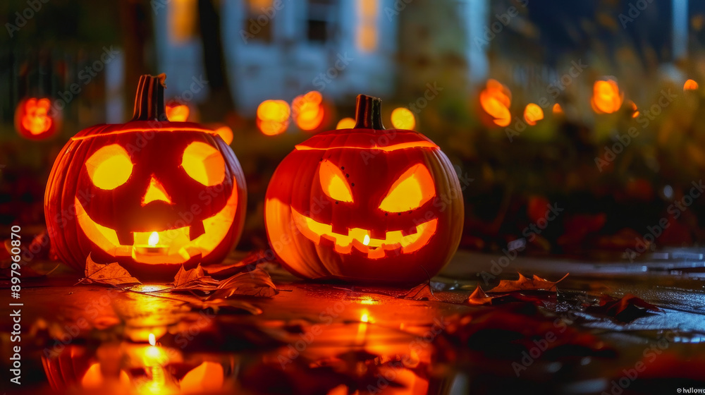 Festive Halloween Pumpkins with Autumn Leaves Festive Halloween Pumpkins with Autumn Leaves