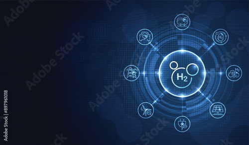 Hydrogen and H2 with icons for sustainable environment. eco-friendly industry and alternative lifestyle. changing the CO2 fuel cell to H2 switching to clean hydrogen energy. vector.