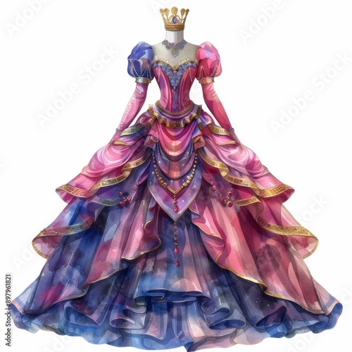 A princess dressup costume with tiara, royal outfit, watercolor design, isolated on white background photo