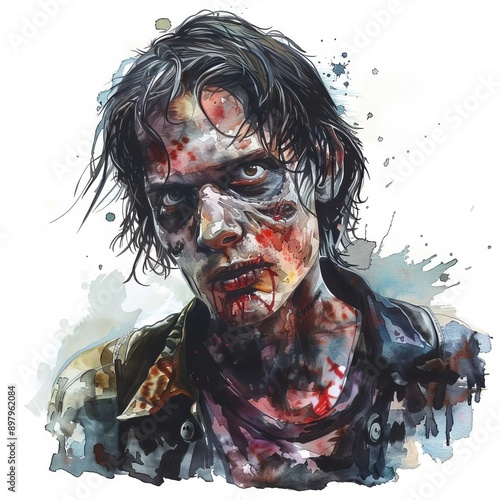 A zombie costume with makeup and torn clothes, undead character, watercolor illustration, isolated on white background photo