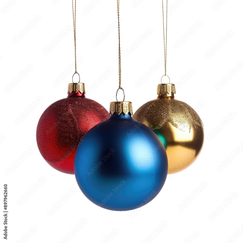 Three hanging Christmas balls isolated on white background Three hanging Christmas balls isolated on white background