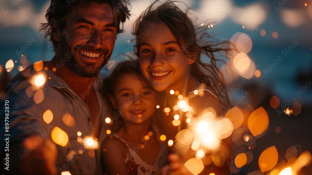 Joyful Family with Sparkling Sparklers at Twilight Joyful Family with Sparkling Sparklers at Twilight