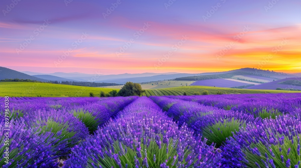 Breathtaking lavender field under a colorful sunset sky, showcasing vibrant purple flowers and rolling hills in the background. Breathtaking lavender field under a colorful sunset sky, showcasing vibrant purple flowers and rolling hills in the background.