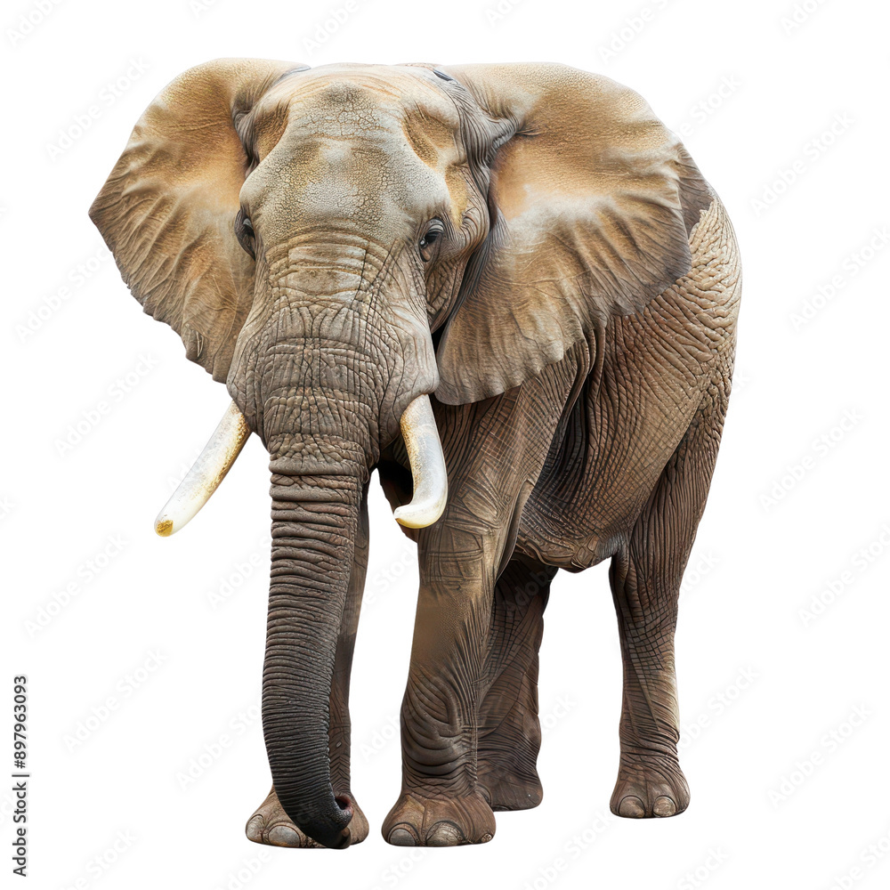 Fototapeta premium A majestic elephant standing tall, showcasing its impressive tusks and textured skin, representing wildlife and nature's beauty.
