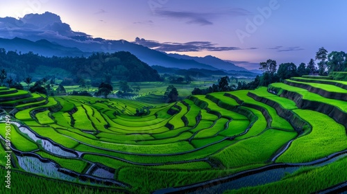 Breathtaking terraced rice fields at dawn, showcasing lush greenery and serene mountain backdrop under a colorful sky.