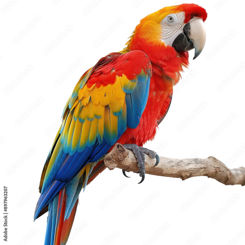 Vibrant macaw perched on a branch, showcasing striking colors of red, yellow, and blue feathers in a tropical setting. Vibrant macaw perched on a branch, showcasing striking colors of red, yellow, and blue feathers in a tropical setting.
