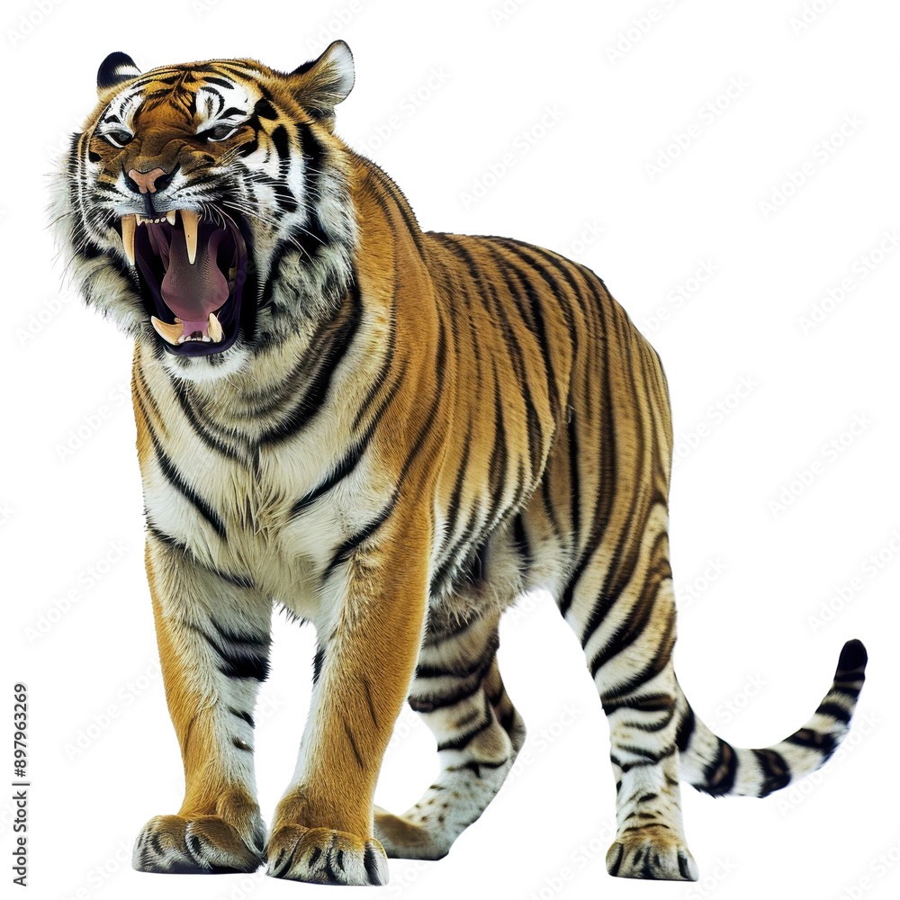 Obraz premium A fierce tiger roaring, showcasing its vibrant fur and striking patterns, symbolizing power and wild beauty in nature.