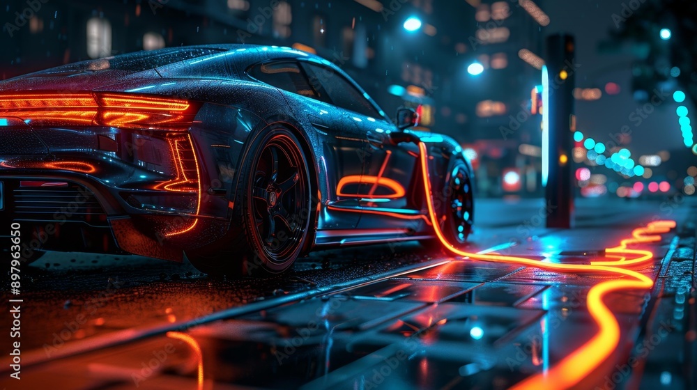 Electric car charging at night in the city - generative ai Electric car charging at night in the city - generative ai
