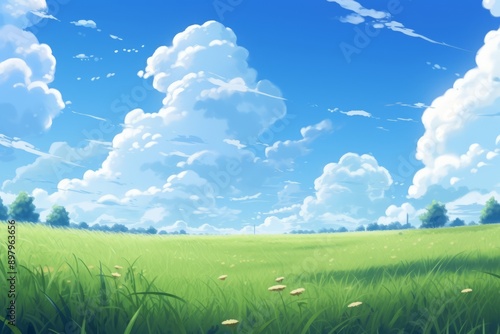 Beautiful grassy fields and summer blue sky with fluffy white clouds in the wind. Anime Background	
