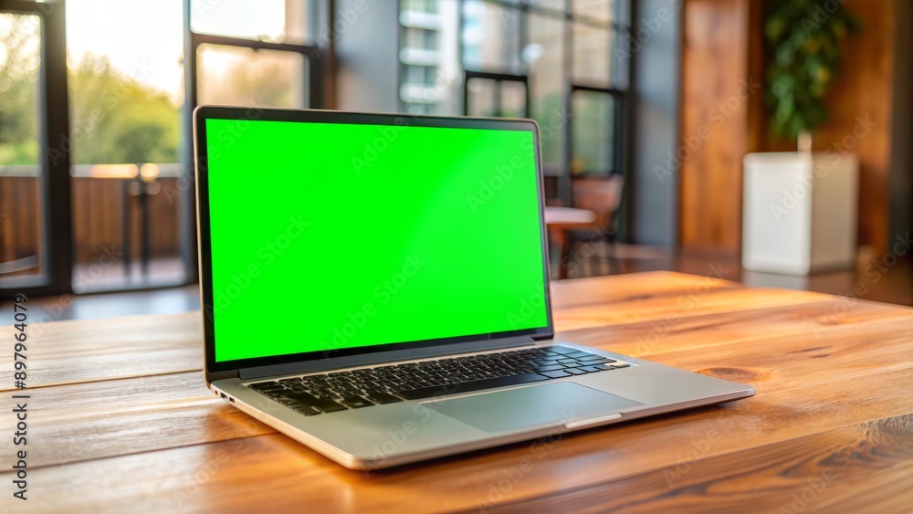 Modern laptop with green screen mock up on a wooden table in horizontal position, empty blank space on chroma key template, ready for business presentation editing. Modern laptop with green screen mock up on a wooden table in horizontal position, empty blank space on chroma key template, ready for business presentation editing.