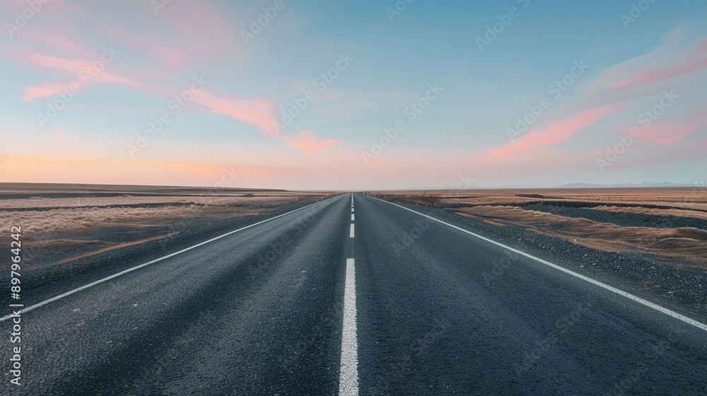 An open, empty road stretching into the horizon under a wide, uncluttered sky at dawn An open, empty road stretching into the horizon under a wide, uncluttered sky at dawn