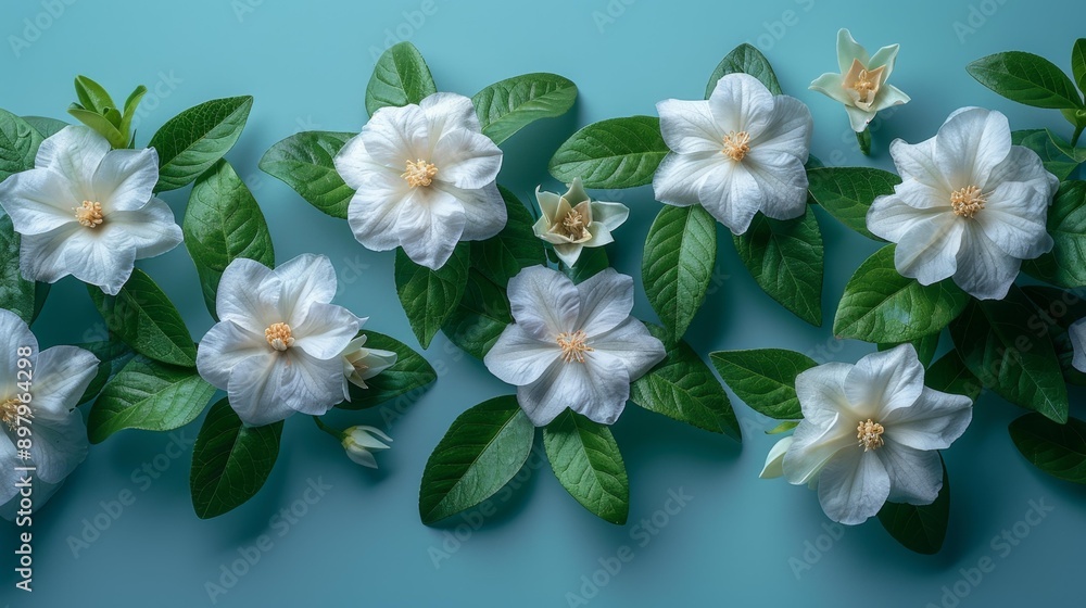 White flowers on blue background - generative ai White flowers on blue background - generative ai