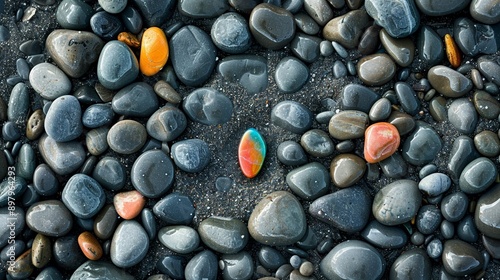 Wallpaper Mural A smooth, pebble-strewn beach with one brightly colored stone standing out, surrounded by space Torontodigital.ca