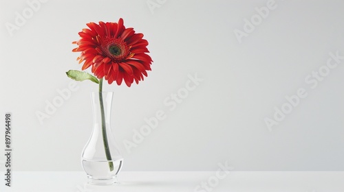 A single, vibrant flower in a clear vase, set against a pure, white background