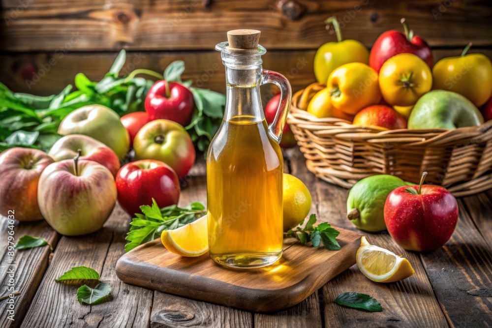 Fresh organic apples, lemons, and harvest vegetables surround a bottle of natural cloudy apple cider vinegar on a rustic wooden kitchen table setting. Fresh organic apples, lemons, and harvest vegetables surround a bottle of natural cloudy apple cider vinegar on a rustic wooden kitchen table setting.
