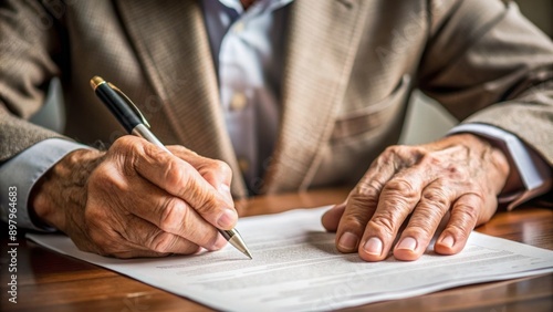 Closeup hand old man elderly examining and signing last will and testament. Last Will and Testament Concept.