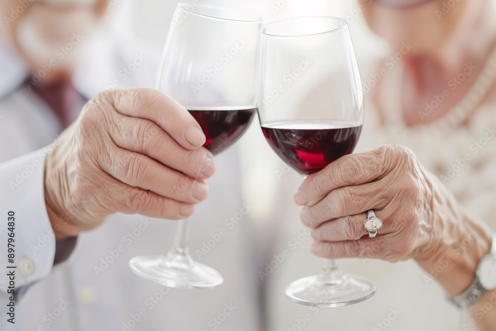 Close-Up of Elderly Couple Toasting with Red Wine Glasses Close-Up of Elderly Couple Toasting with Red Wine Glasses