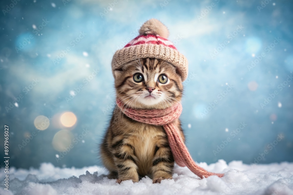 Adorable furry kitten wearing a tiny winter hat and scarf, sitting on a snow-covered background, looking directly at the camera, with ample copy space. Adorable furry kitten wearing a tiny winter hat and scarf, sitting on a snow-covered background, looking directly at the camera, with ample copy space.