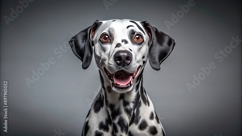Adorable dalmatian dog with distinctive spots and surprised expression, sitting on a studio background, showcasing personality and playfulness in high-quality pet photography. © DigitalArt Max