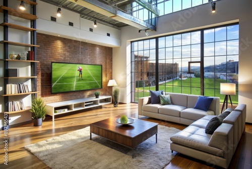 In the living room of Strylish Loft Apartment, I captured a shot of a television featuring a football match on a big flat screen television. The Football World Championship Finals were being