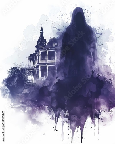 A ghostly apparition floating through a haunted mansion, supernatural presence, watercolor style, isolated on white background photo