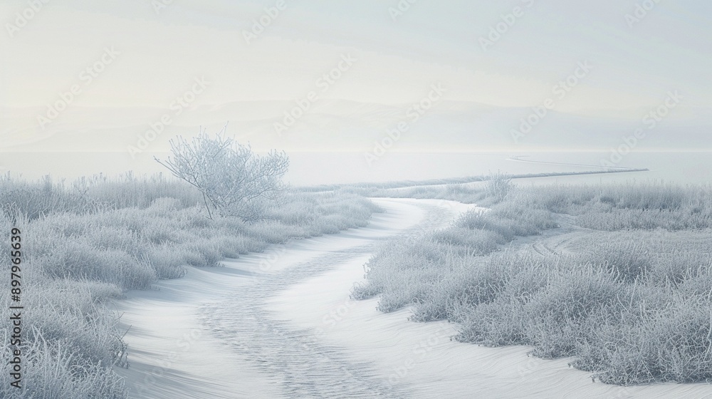A gently curving path leading through a blank, snowy landscape under a pale sky A gently curving path leading through a blank, snowy landscape under a pale sky