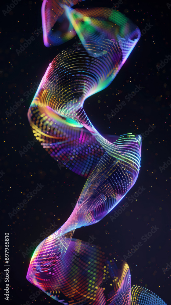 Single holographic 3D lattice helix shape and neon colors on a black background Single holographic 3D lattice helix shape and neon colors on a black background