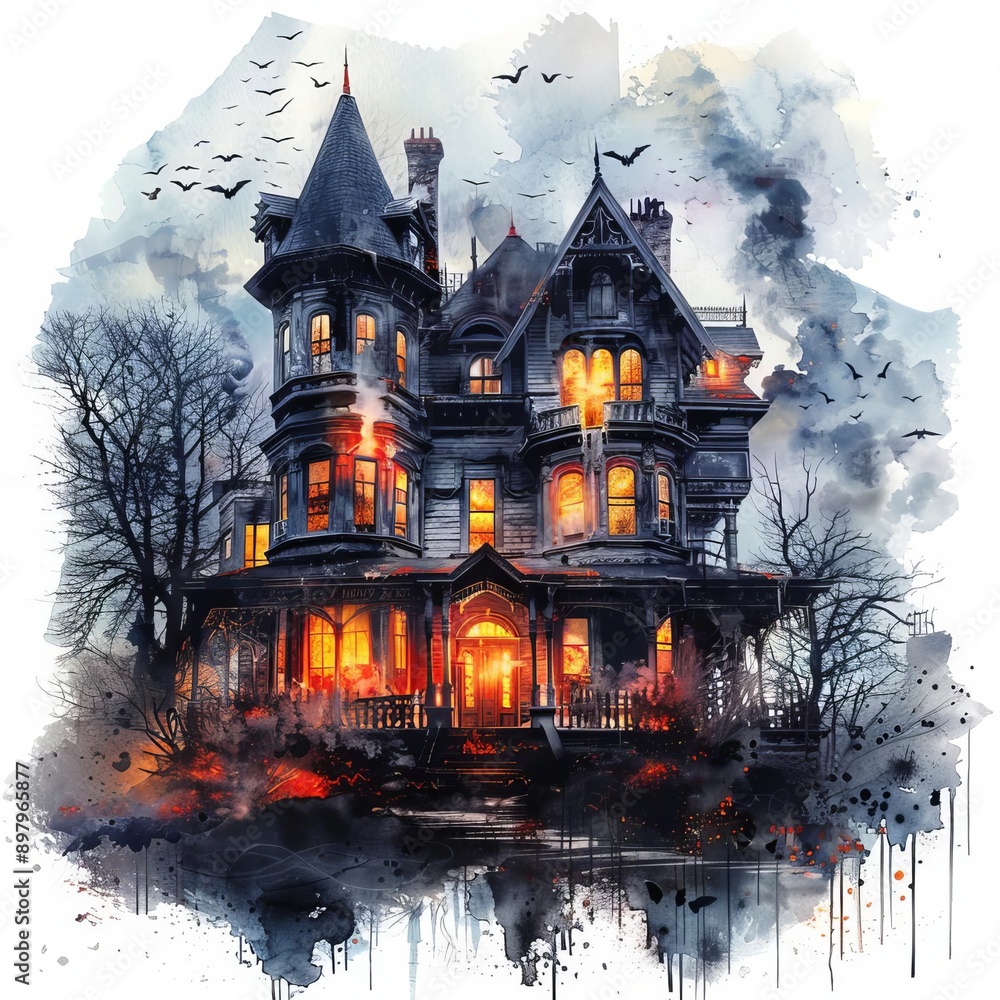 A haunted mansion with creepy spirits, ghostly vibe, watercolor design, isolated on white background A haunted mansion with creepy spirits, ghostly vibe, watercolor design, isolated on white background
