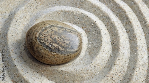 A smooth, round pebble resting at the center of a spiral drawn in the sand