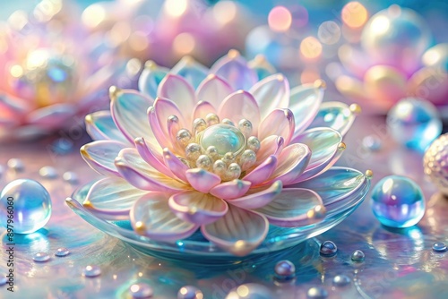 The painting shows a glass flower in pastel shades—pink, blue, purple, yellow, and white. The soft, boundaryless colors and transparent, glittering petals evoke peace, freshness, and romance. photo