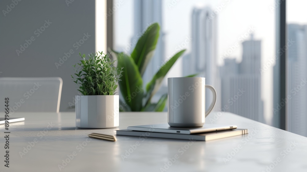 Professional office setup, modern desks, potted plants, expansive cityscape view, subtle desk details like coffee cups and pens Professional office setup, modern desks, potted plants, expansive cityscape view, subtle desk details like coffee cups and pens