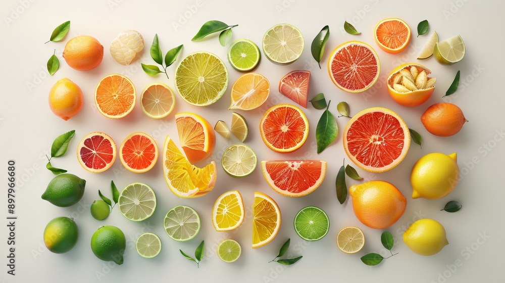 Flat lay of fresh citrus fruits arranged on a white surface, rendered with detailed and precise 3D shading Flat lay of fresh citrus fruits arranged on a white surface, rendered with detailed and precise 3D shading
