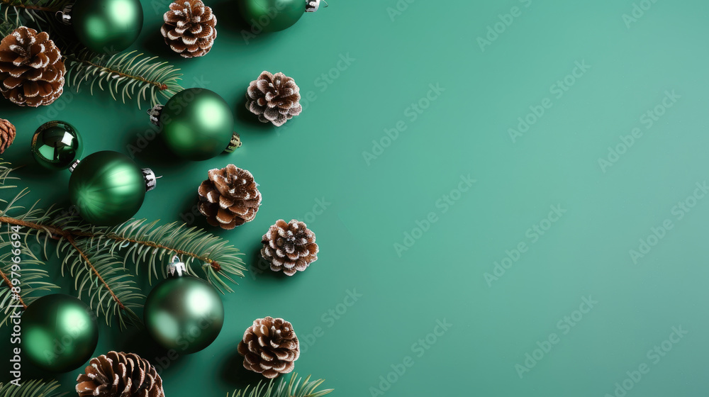 Festive green background adorned with pine cones and Christmas ornaments, perfect for holiday-themed designs and decorations. Festive green background adorned with pine cones and Christmas ornaments, perfect for holiday-themed designs and decorations.