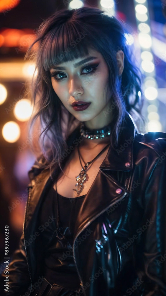 a young woman with short hair and striking blue eyes, wearing a black leather jacket and black choker with a silver cross pendant, set against a blurred background of lights a young woman with short hair and striking blue eyes, wearing a black leather jacket and black choker with a silver cross pendant, set against a blurred background of lights