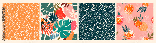 Trendy Collection of Floral Seamless Patterns with Tropical Leaves, Orange Fruits, Dots Texture. Abstract Botanical Design for Prints, Paper, Fabric, Cover, Surface, Interior Décor, Textile. Vector 
