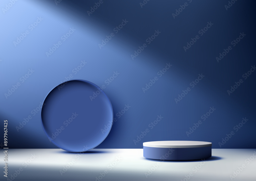 Elegant 3D Blue and White Podium on Blue Background, Ideal for Product Presentation, Mockup Elegant 3D Blue and White Podium on Blue Background, Ideal for Product Presentation, Mockup