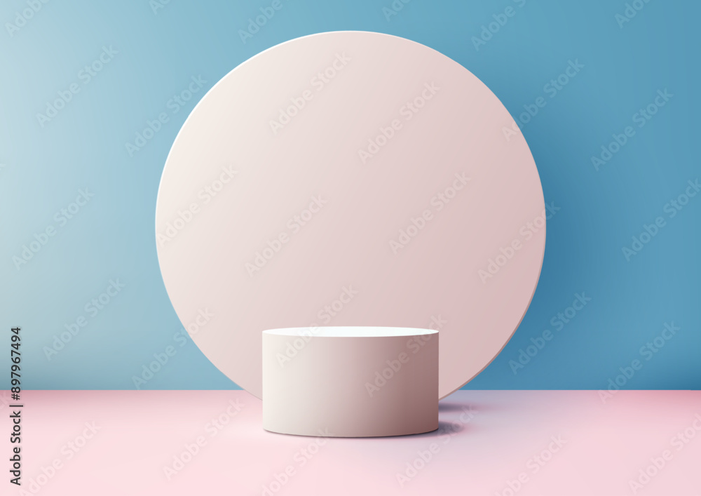 Minimal Design 3D White Podium and Pastel Pink Circle Panel Against Light Blue Backdrop, Elegant Product Display Mockup for Showcase Minimal Design 3D White Podium and Pastel Pink Circle Panel Against Light Blue Backdrop, Elegant Product Display Mockup for Showcase